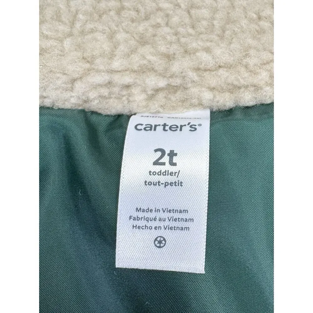 Carter’s Toddler Puffer Vest Size 2T Green Blue Corduroy Collar Sherpa